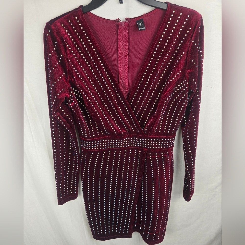 Windsor Elegant Burgundy Studded Long Sleeve Wrap Dress Sz M - Picture 4 of 13
